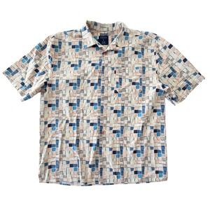 Trust Linen Blend Mosaic Geometric Short Sleeve Button Down Shirt Size XL Blue